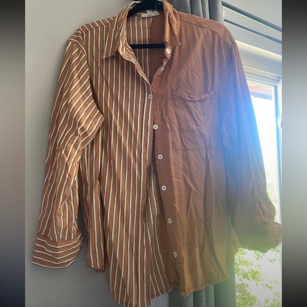 Listicle Oversized Brown and White Striped Button-Up Shirt